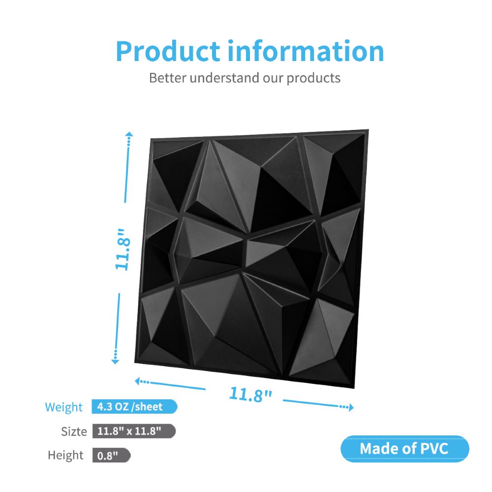 Art3d Black Diamond Design 19.7 in. x 19.7 in. PVC 3D Wall Panel (12-Pack) A1038B