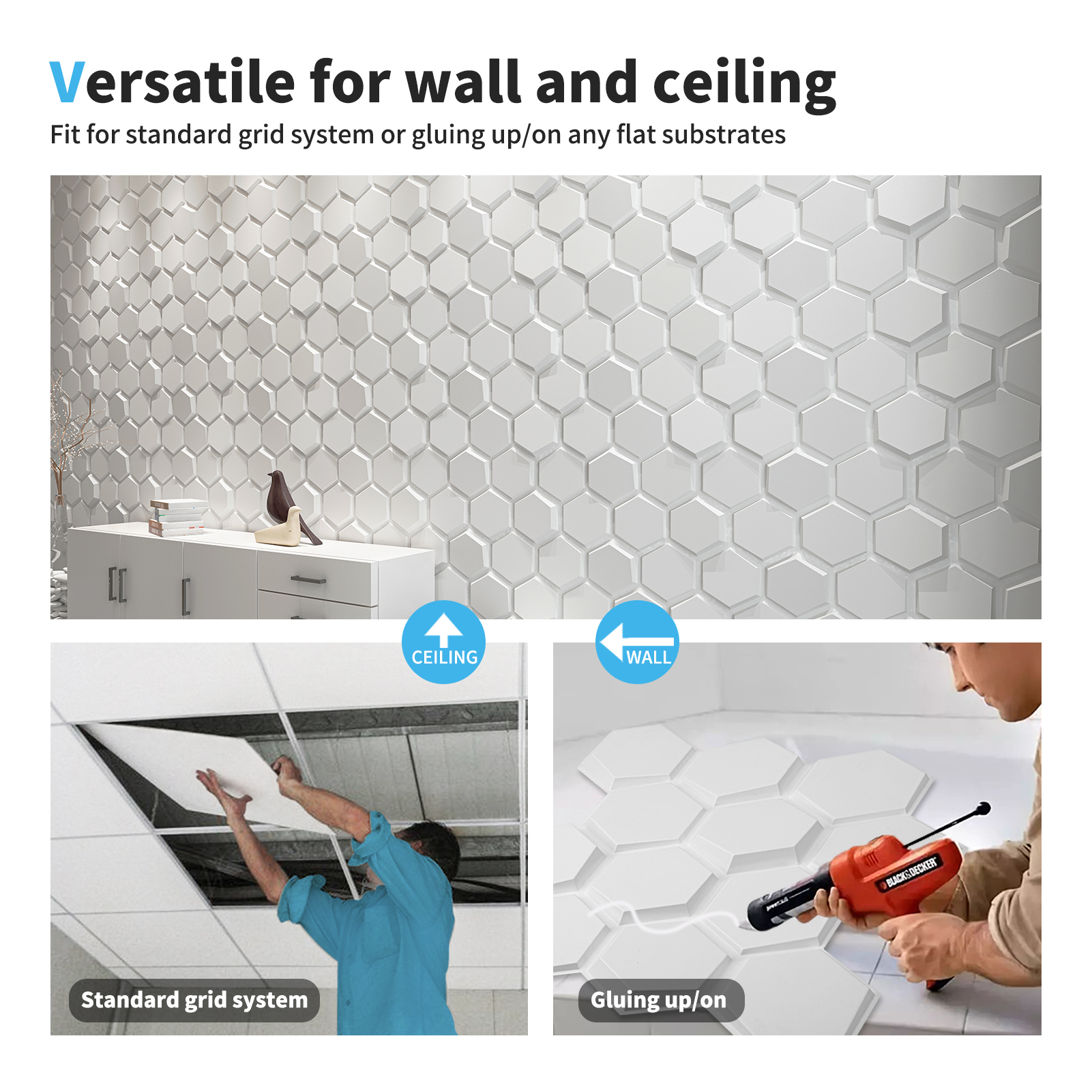 3D panels PVC wall cladding with HEXAGON MAJOLICA effect Realistic and  insulating.