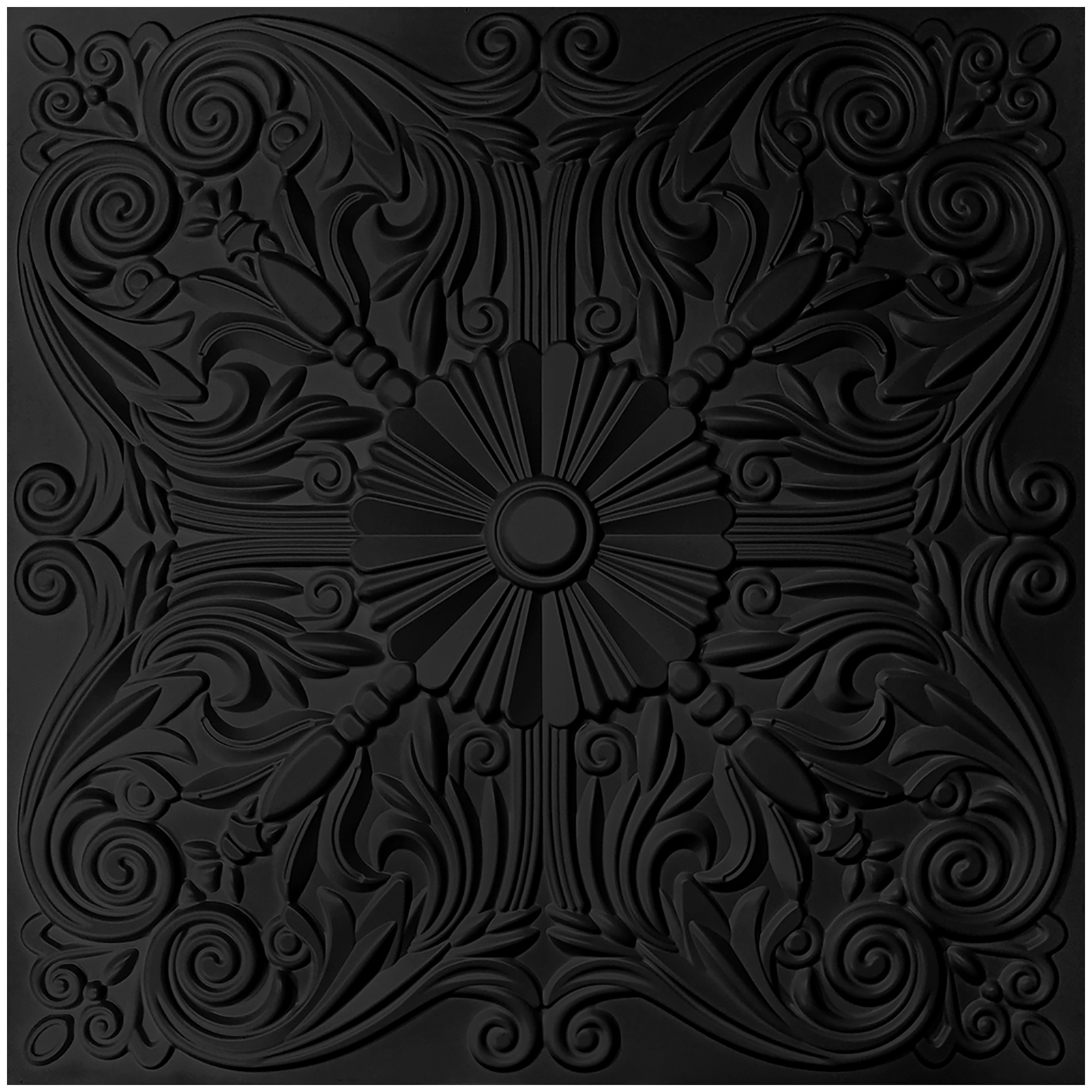 A10904P12BK -Decorative Ceiling Tile 2x2 Glue up, Lay in Ceiling Tile 24x24 Pack of 12pcs Spanish Floral in Matt Black