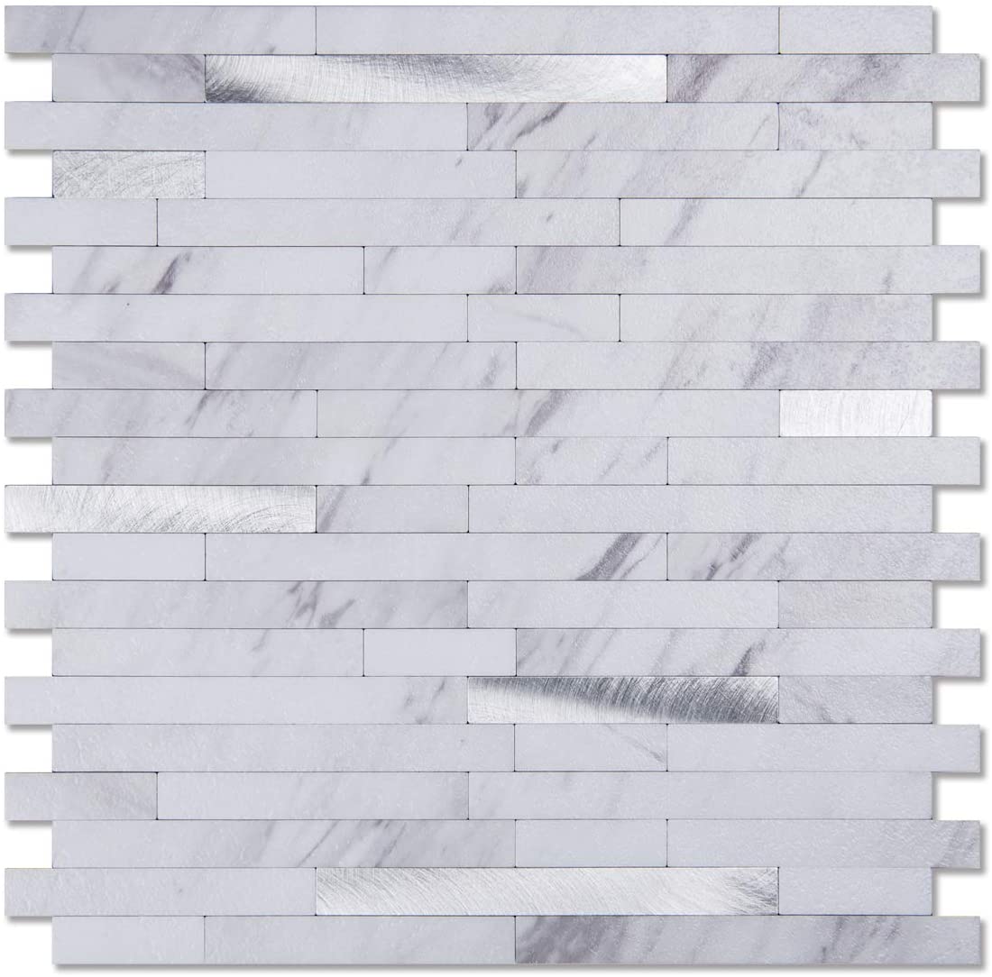 A16613-Art3d 10-Sheet Peel and Stick Stone Backsplash Tile for Kitchen,  Bathroom - Volakas White Embellished with Metal Silver